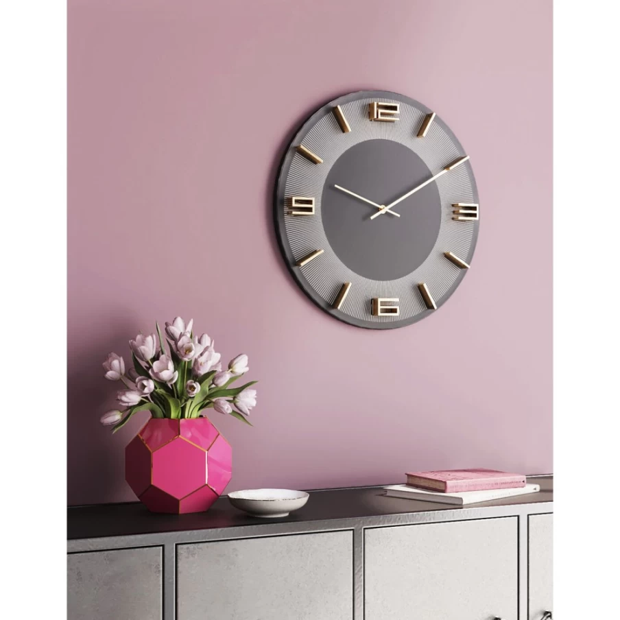 KARE Design Modern Wall Clock Leonardo - 49cm Grey and Gold Round Analog Clock for Home & Office Decor