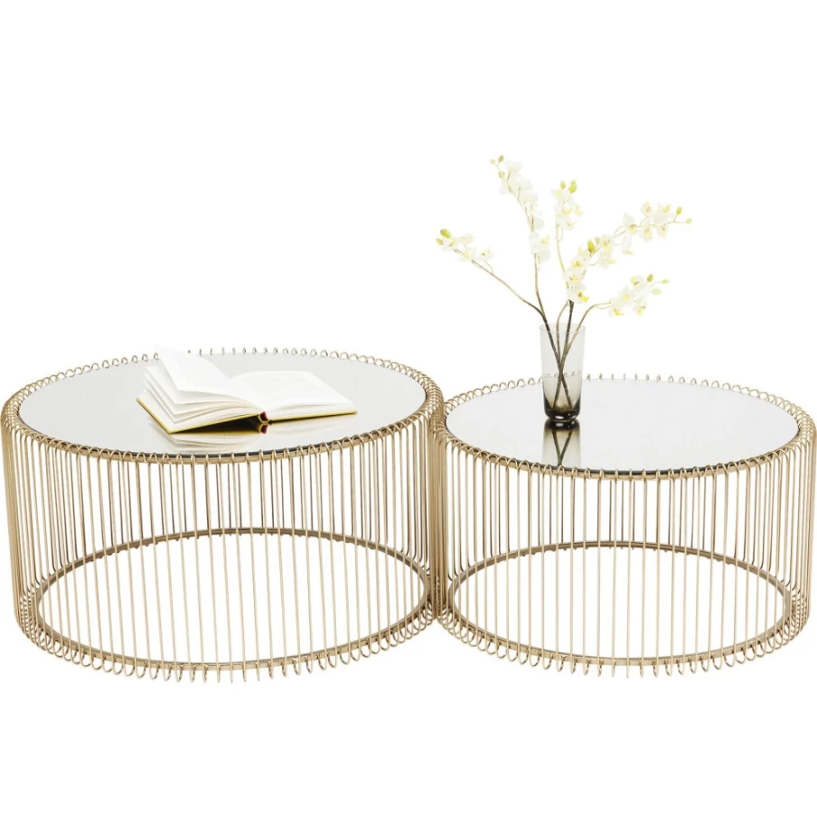 KARE Design Modern Brass Coffee Table Set of 2 - Wire Base Stylish Living Room Furniture