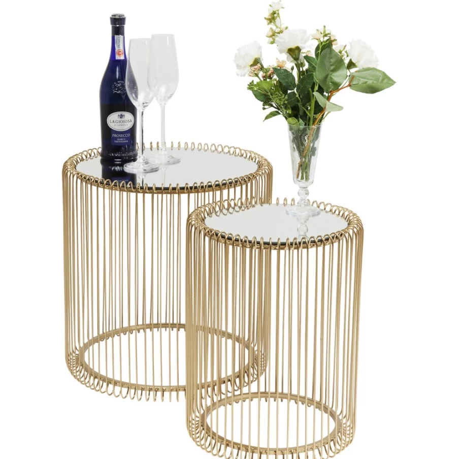 KARE Design Modern Brass Side Table Set of 2 - Wire Metal Nightstand Bedside Tables