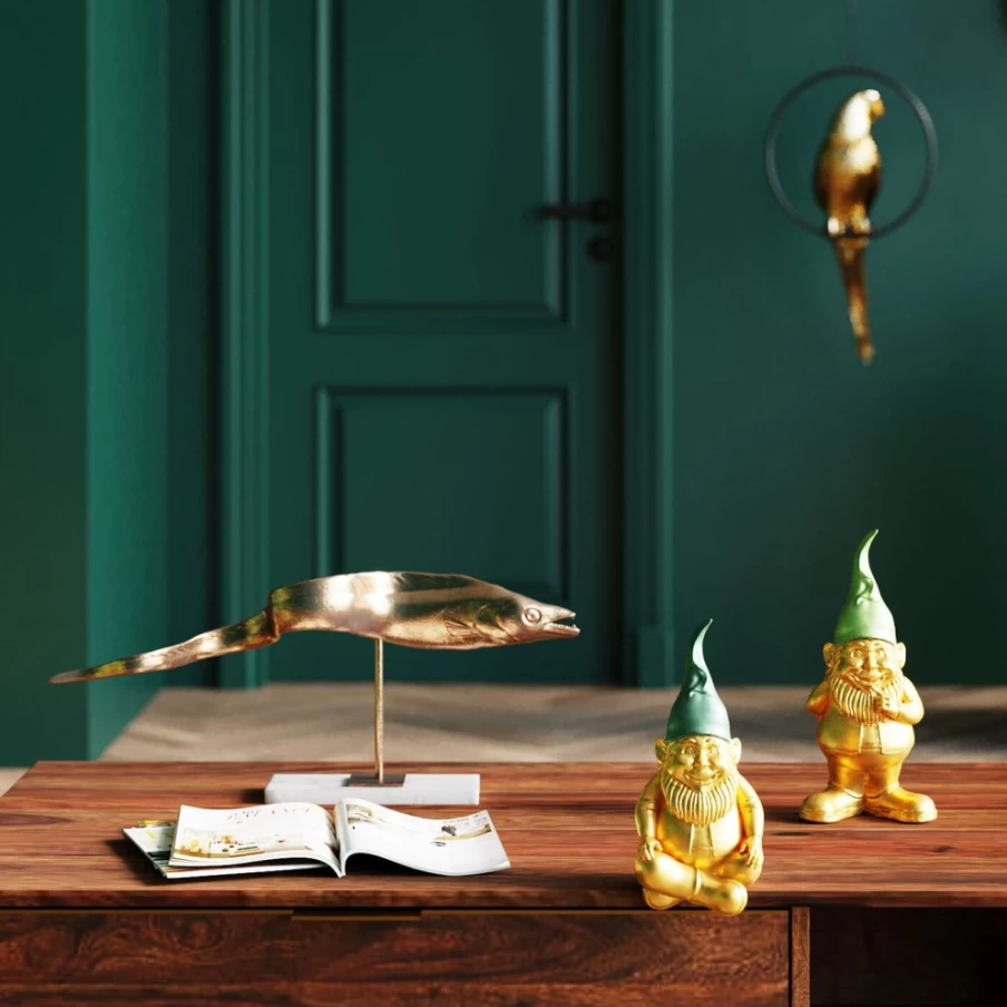 KARE Design Modern Gold Green Sitting Dwarf Figurine - 19cm Decorative Statue for Home & Garden