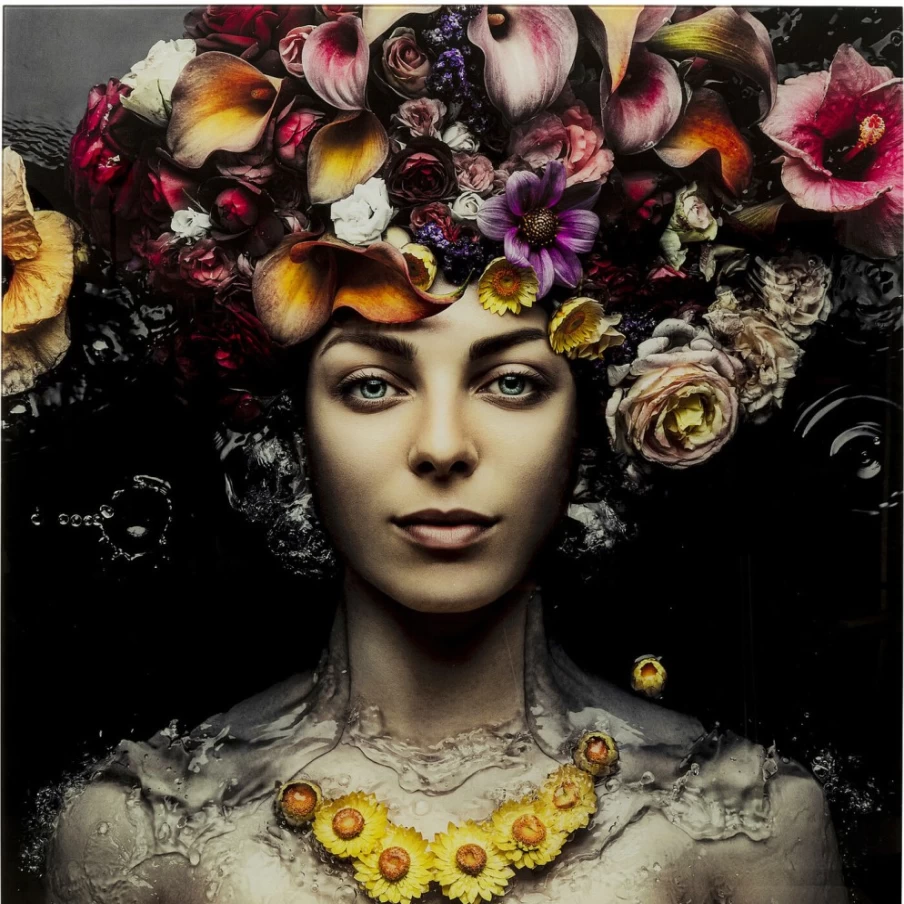 "KARE Design Modern Glass Flower Art Wall Decor - 80x80cm Elegant Lady Portrait Picture"
