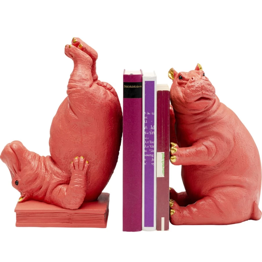 KARE Design Pink Hippo Bookends - Set of 2 Decorative Animal Bookholders for Shelves