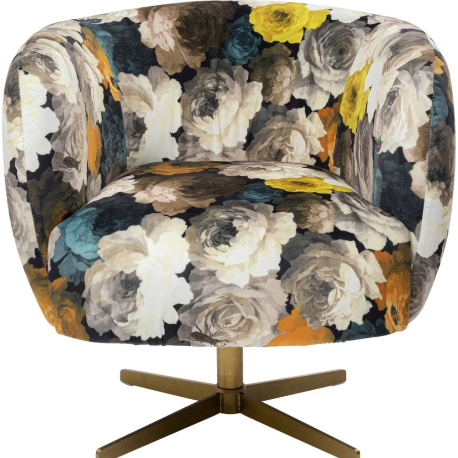 "KARE Design Swivel Armchair with Peony Floral Pattern in Yellow – Modern Rotating Lounge Chair"