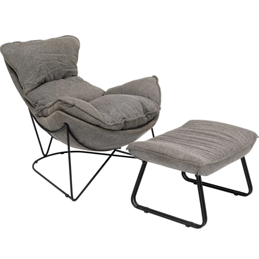 KARE Design Modern Grey Armchair with Matching Stool - 2-Piece Snuggle Collection