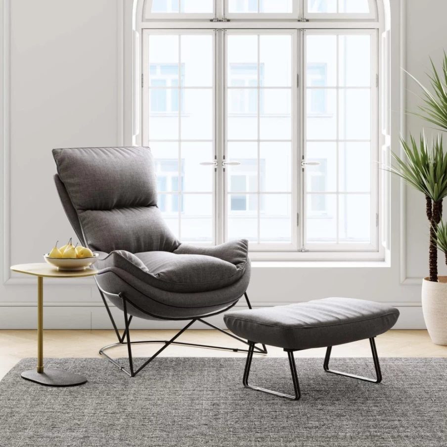 KARE Design Modern Grey Armchair with Matching Stool - 2-Piece Snuggle Collection