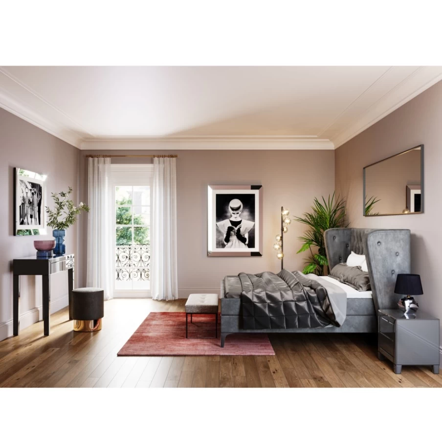 KARE Design Benito Boxspring Bed with Moon Grey Upholstery, 160x200 cm, Modern Luxury Bed Frame
