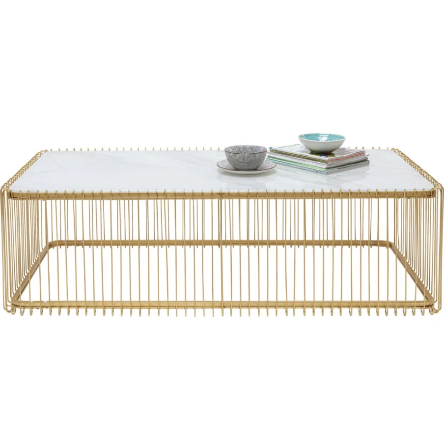 KARE Design Modern Coffee Table with Wire Base, Tempered Glass Top, and White Marble Finish - 145cm x 70cm Contemporary Living Room Furniture