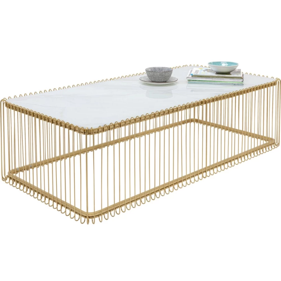 KARE Design Modern Coffee Table with Wire Base, Tempered Glass Top, and White Marble Finish - 145cm x 70cm Contemporary Living Room Furniture