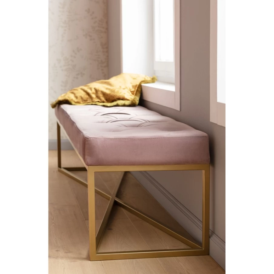 KARE Design Modern Brass Bench with Rose Gold Finish - 150cm Wide Crossover Style Seating for Living Room or Bedroom