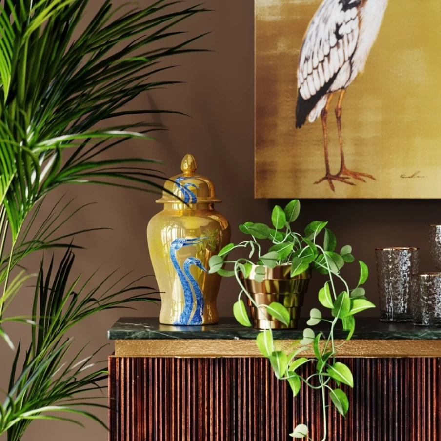 KARE Design Modern Deco Jar with Dancing Cranes Sculpture - 40cm Home Decor Ceramic Vase