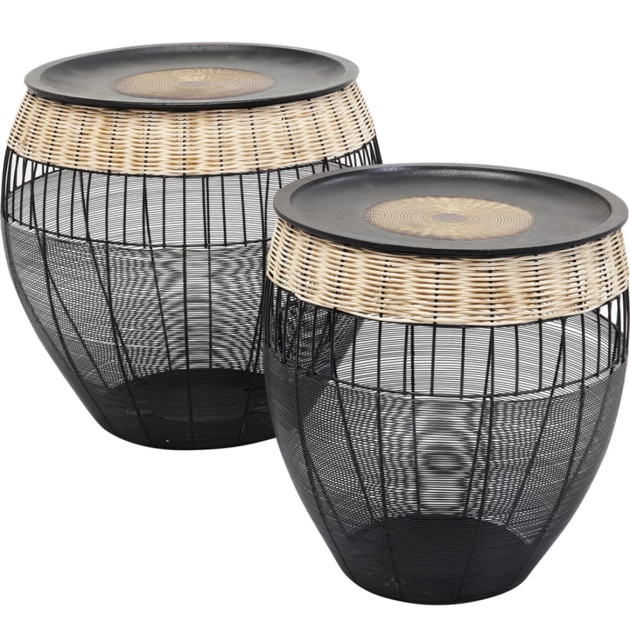 KARE Design African Drum Side Tables - Set of 2, Handcrafted Drum Stools for Living Room or Bedroom