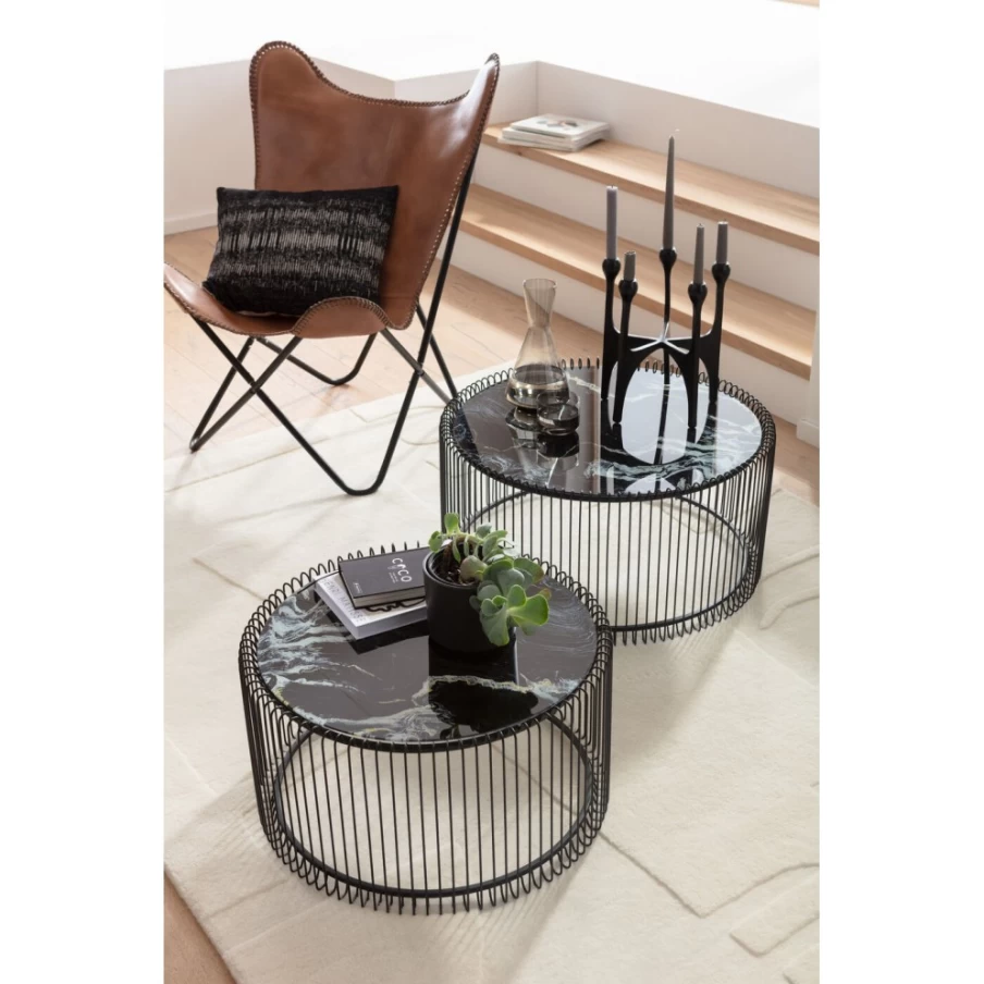 KARE Design Modern Coffee Table Set - 2-Piece Black Wire Frame with Tempered Glass and Marble Top for Living Room