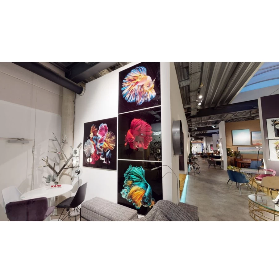 "KARE Design Modern Glass Fire Fish Wall Art Picture 100x100cm Square Decorative Panel"