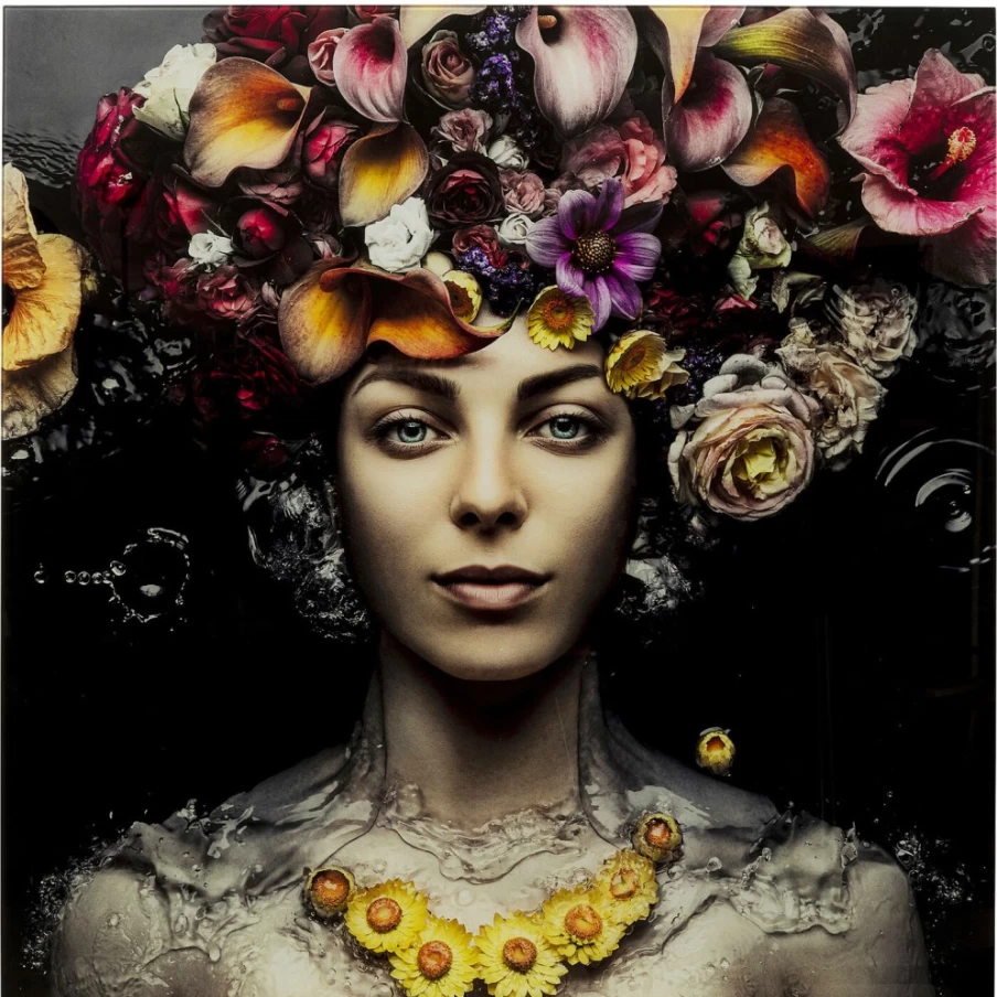 "KARE Design Modern Glass Flower Art Picture - Elegant Lady Portrait Wall Decor 80x80cm"