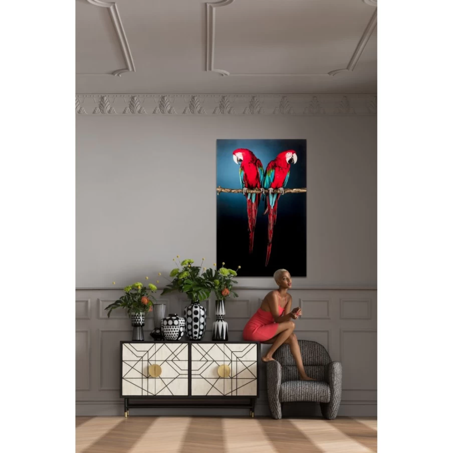 KARE Design Modern Glass Wall Art - Twin Parrot Picture 80x120cm Framed Decorative Panel for Living Room