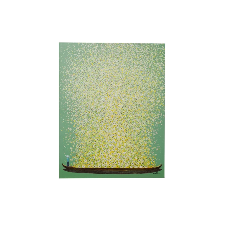 "KARE Design Floral Boat Canvas Art Print - Green & Yellow Landscape Painting 80x100cm Wall Decor"
