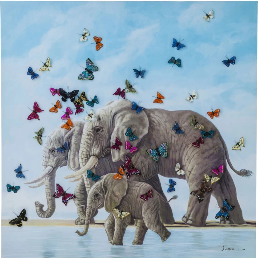 "KARE Design Elephant and Butterfly Art Print 120x120 cm Modern Wall Decor"