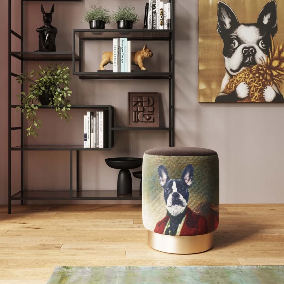KARE Design Cherry Wood Stool with Brass Dog Decor - 32cm Modern Bar Stool