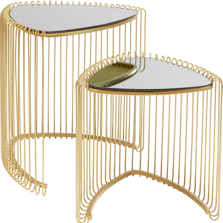KARE Design Modern Side Table Set of 2 - Gold Wire Triangle Nightstands for Bedroom