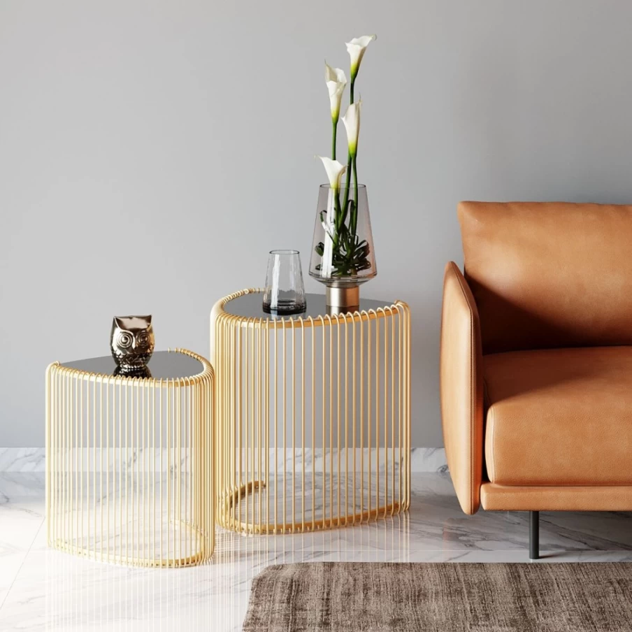 KARE Design Modern Side Table Set of 2 - Gold Wire Triangle Nightstands for Bedroom