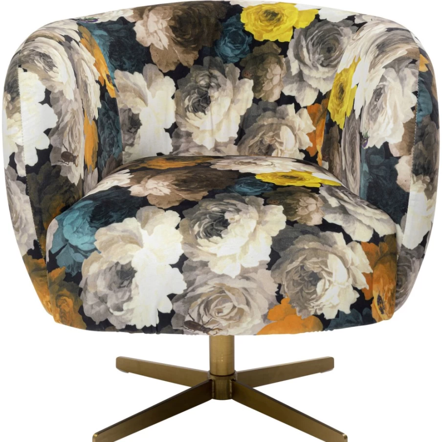 KARE Design Modern Swivel Armchair with Peony Floral Pattern in Vibrant Yellow for Living Room Decor