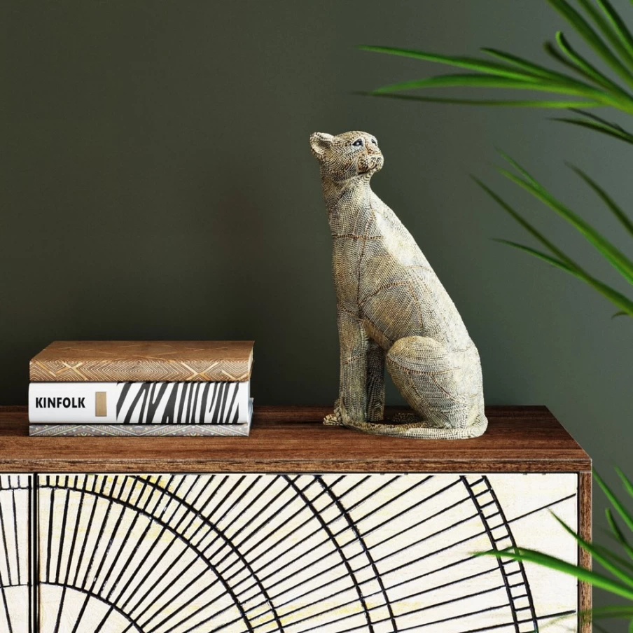 KARE Design Modern Deco Figurine - Elegant Sitting Leopard with Pearls Accent, 42cm Sculpture for Home Decor