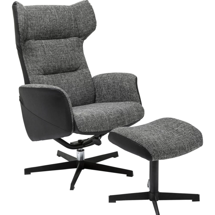 KARE Design Swivel Armchair with Stool in Ohio Salt and Pepper Fabric Upholstery