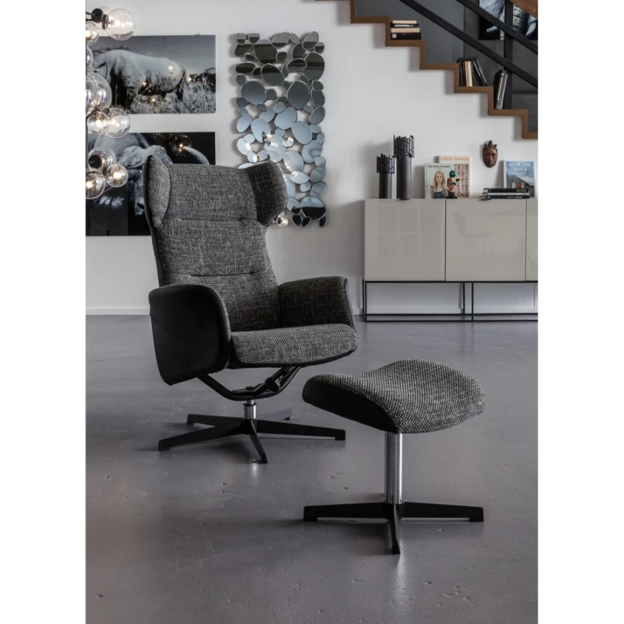 KARE Design Swivel Armchair with Stool in Ohio Salt and Pepper Fabric Upholstery
