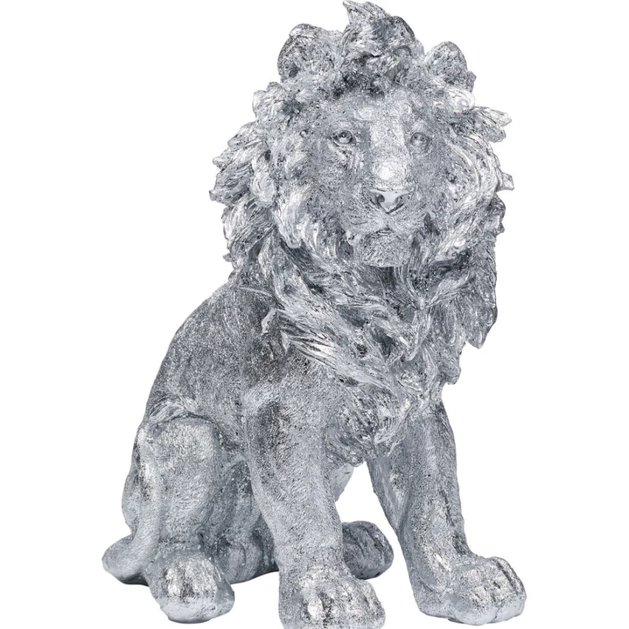 KARE Design Modern Silver Lion Figurine - 42cm Decorative Sitting Lion Statue for Home Decor