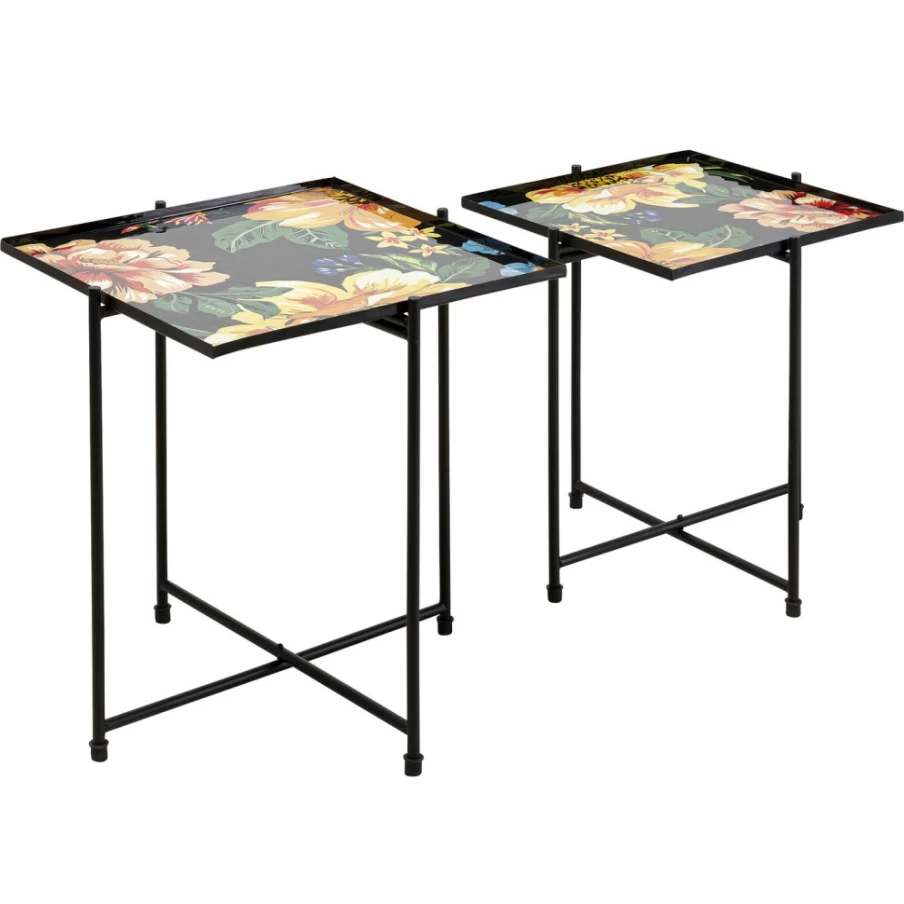 KARE Design Modern Square Side Table Set of 2 with Floral Garden Motif for Living Room Decor