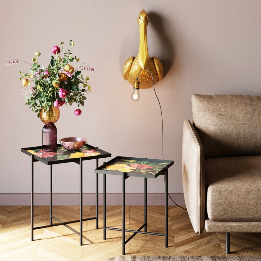 KARE Design Modern Square Side Table Set of 2 with Floral Garden Motif for Living Room Decor