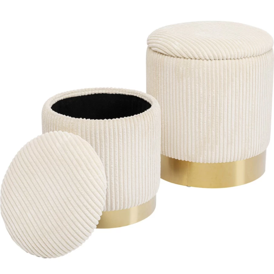 KARE Design Modern Cherry Wood Storage Stool with Creme Cord Upholstery - Set of 2