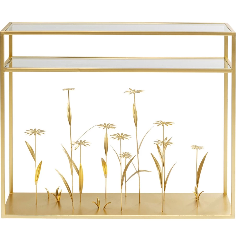KARE Design Gold Console Table with Floral Meadow Pattern - 100cm Entryway Storage Bench