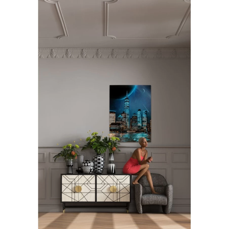 "KARE Design Modern Glass Picture Night Skyline Wall Art - 90x120cm Framed Landscape Decor"