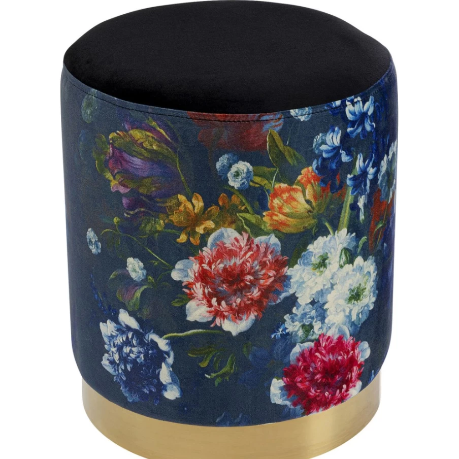 KARE Design Modern Cherry Blossom Stool with Brass Base - 32cm Height, Black Floral Pattern Bar Stool