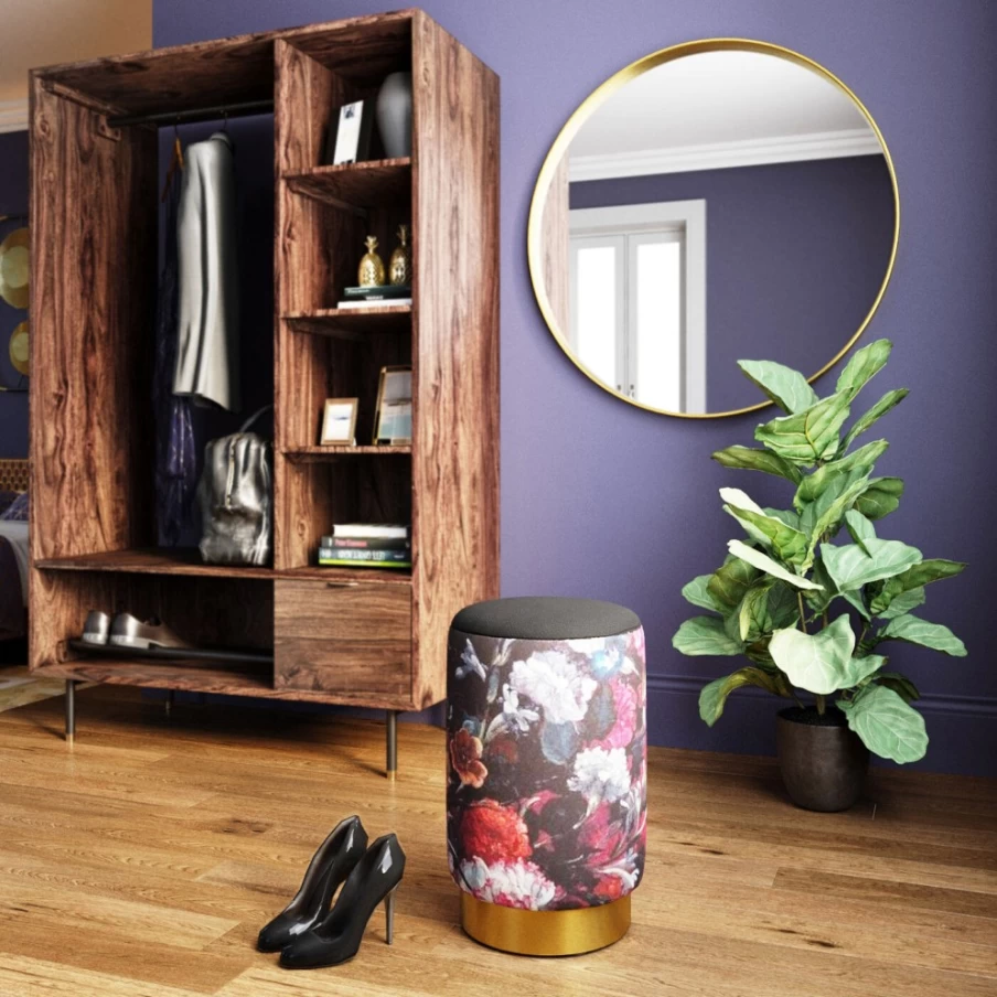 KARE Design Modern Cherry Blossom Stool with Brass Base - 32cm Height, Black Floral Pattern Bar Stool