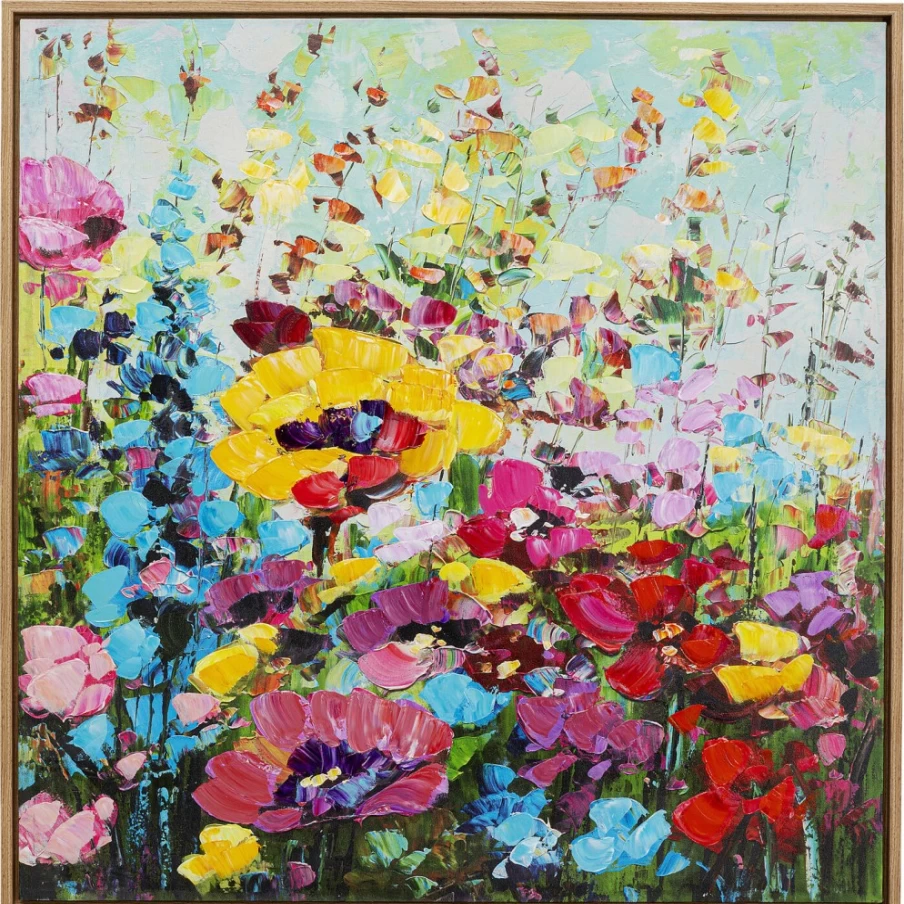 "KARE Design Framed Floral Meadow Wall Art 100x100cm - Modern Botanical Canvas Painting for Home Decor"