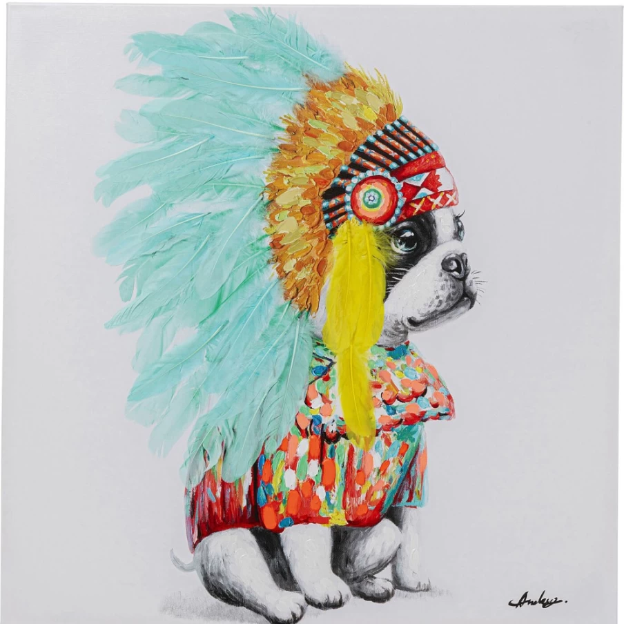 "KARE Design Canvas Wall Art - 80x80cm Dog Portrait with Headdress, Modern Home Decor"