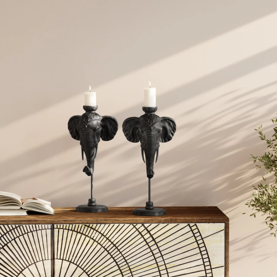KARE Design Modern Elephant Head Candle Holder - 49cm Tall Black Decorative Home Decor