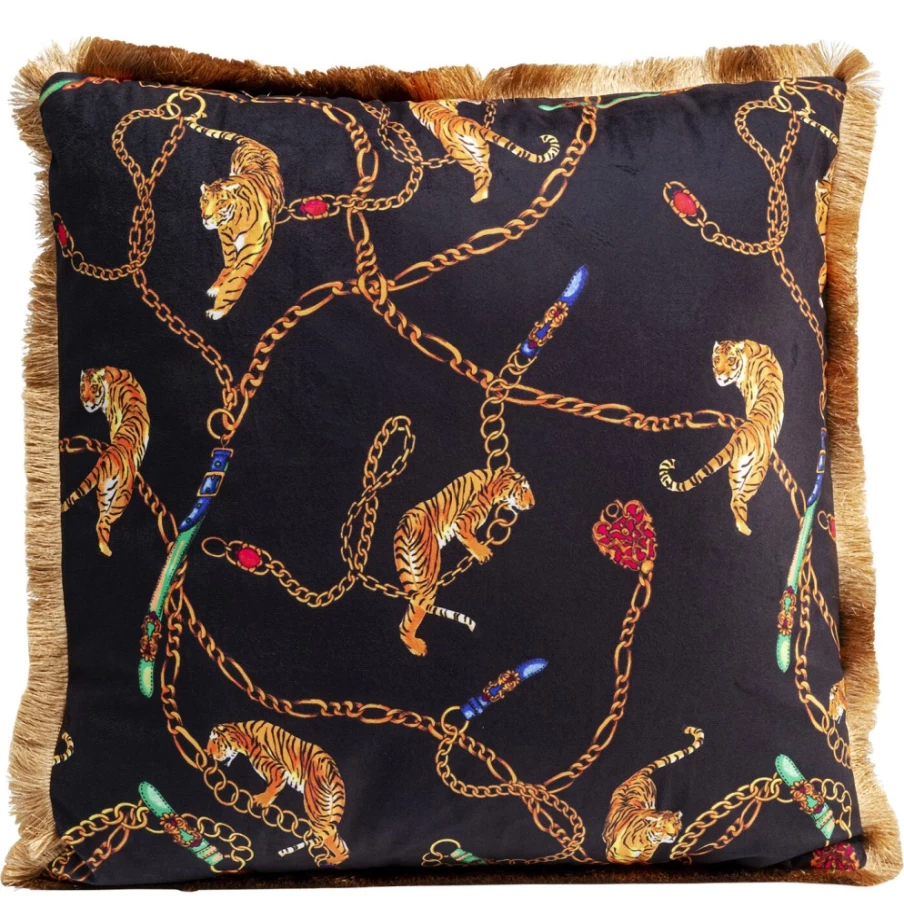 KARE Design Modern Black Tiger Print Cushion with Chain Detail 45x45cm Decorative Throw Pillow