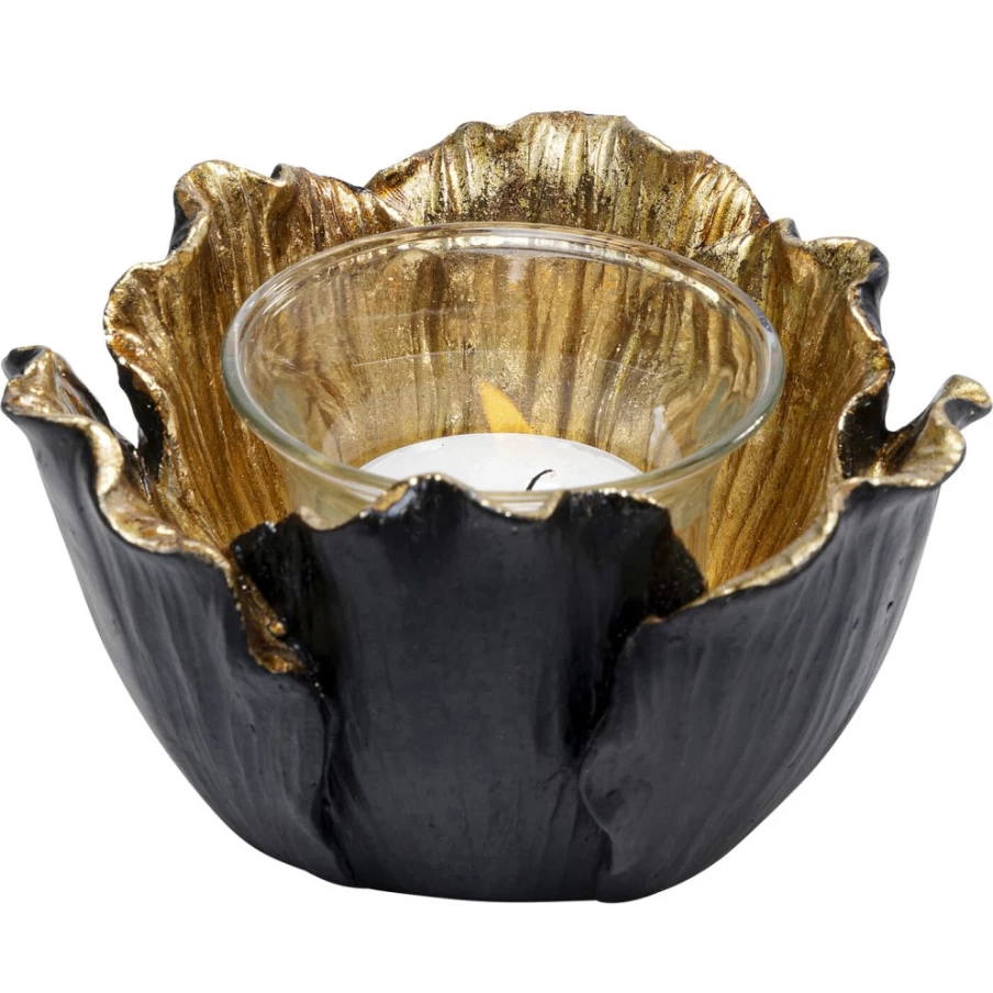 KARE Design Black Gold Tealight Holder Flower Bloom - 10cm Decorative Candle Stand