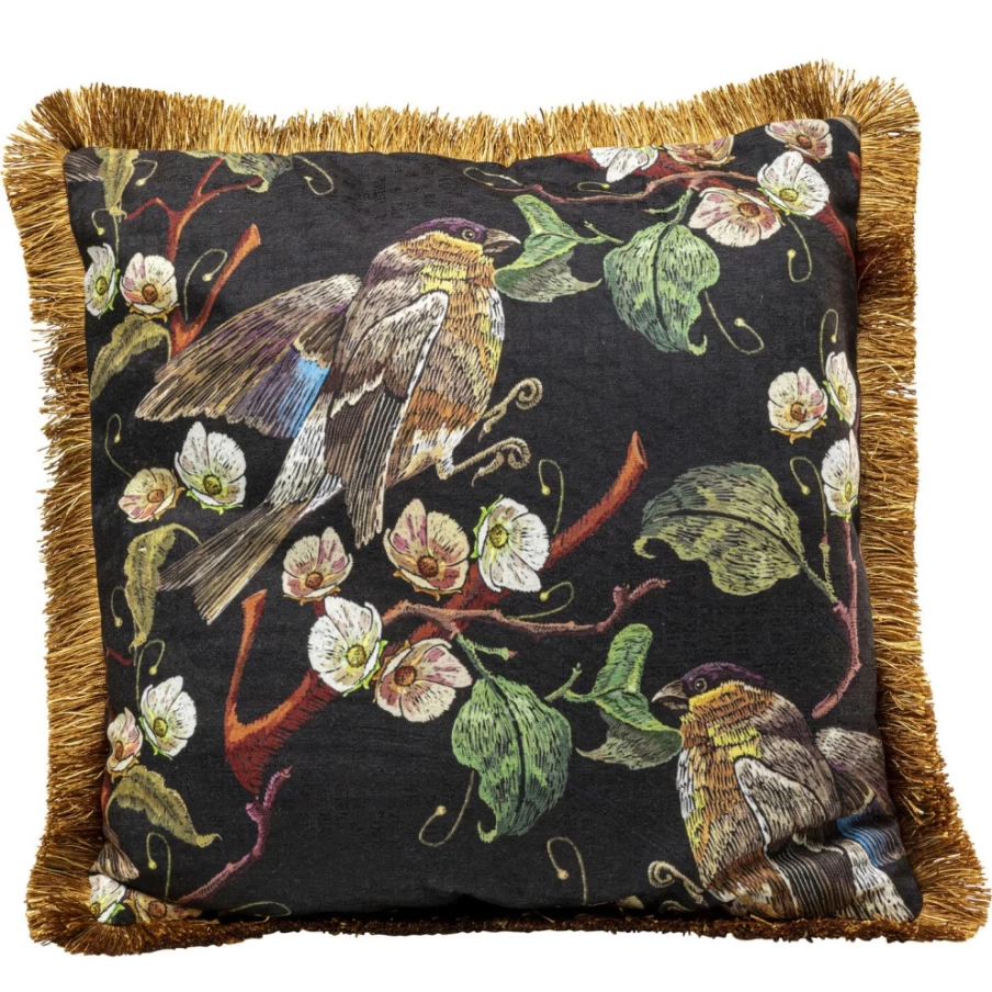 KARE Design Modern Bird Print Cushion Cover 45x45cm with Decorative Fringe for Home Decor