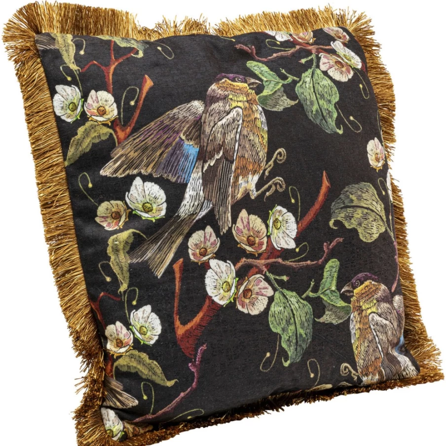 KARE Design Modern Bird Print Cushion Cover 45x45cm with Decorative Fringe for Home Decor