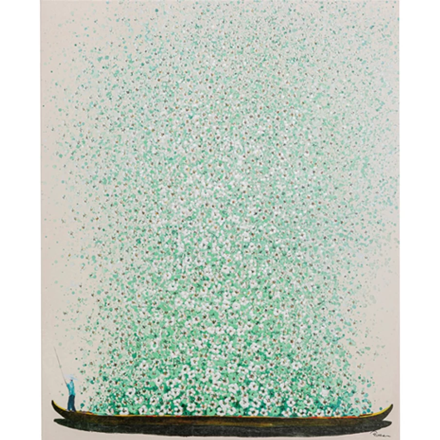 "KARE Design Canvas Art - Floral Boat Painting in Beige & Green, 120x160cm Wall Decor"