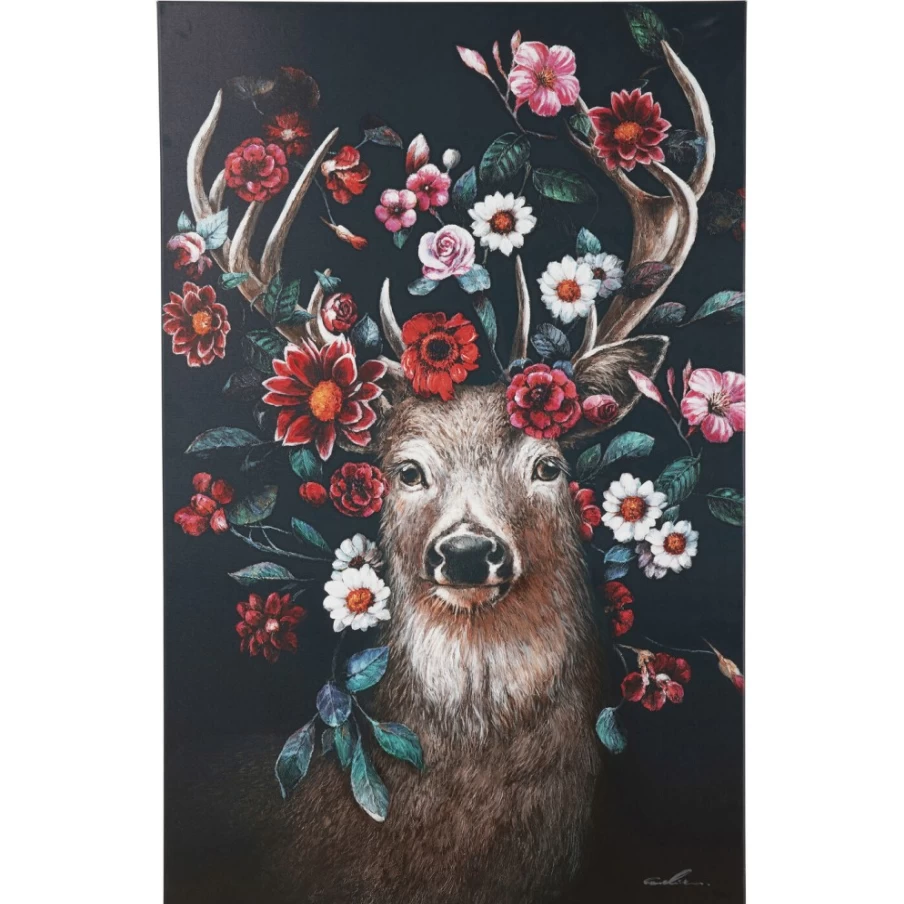 "KARE Design Canvas Wall Art - Deer in Floral Landscape Painting 90x140 cm"