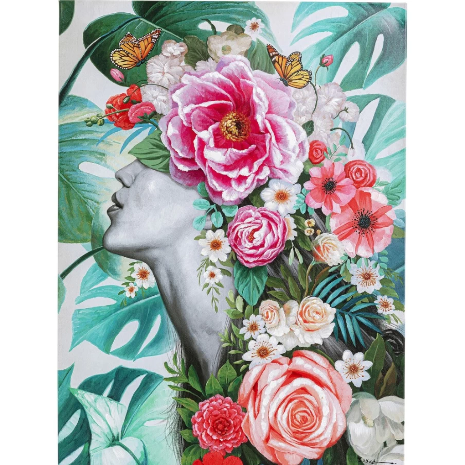 "KARE Design Modern Floral Lady Art Print - Picture Touched Flower Lady Painting 90x120cm Wall Decor"