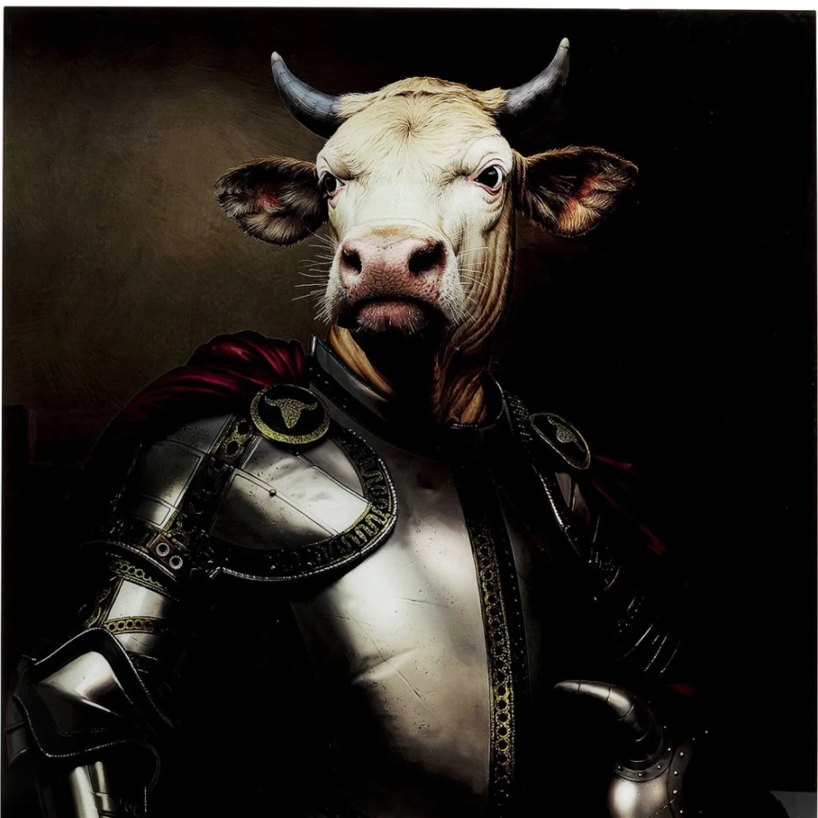 "KARE Design Modern Knight Cow Picture Glass Artwork 120x120 cm Square Wall Decor"