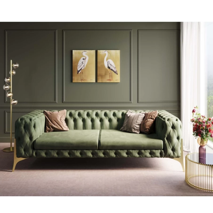 "KARE Design Bellissima 3-Seater Velvet Sofa in Green – 240cm Luxury Modern Living Room Furniture"