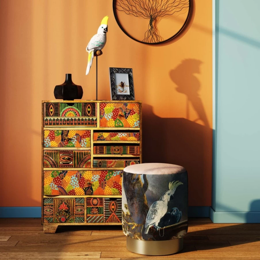 KARE Design Modern Cherry Wood Parrot Stool with Brass Accents - 32cm Height