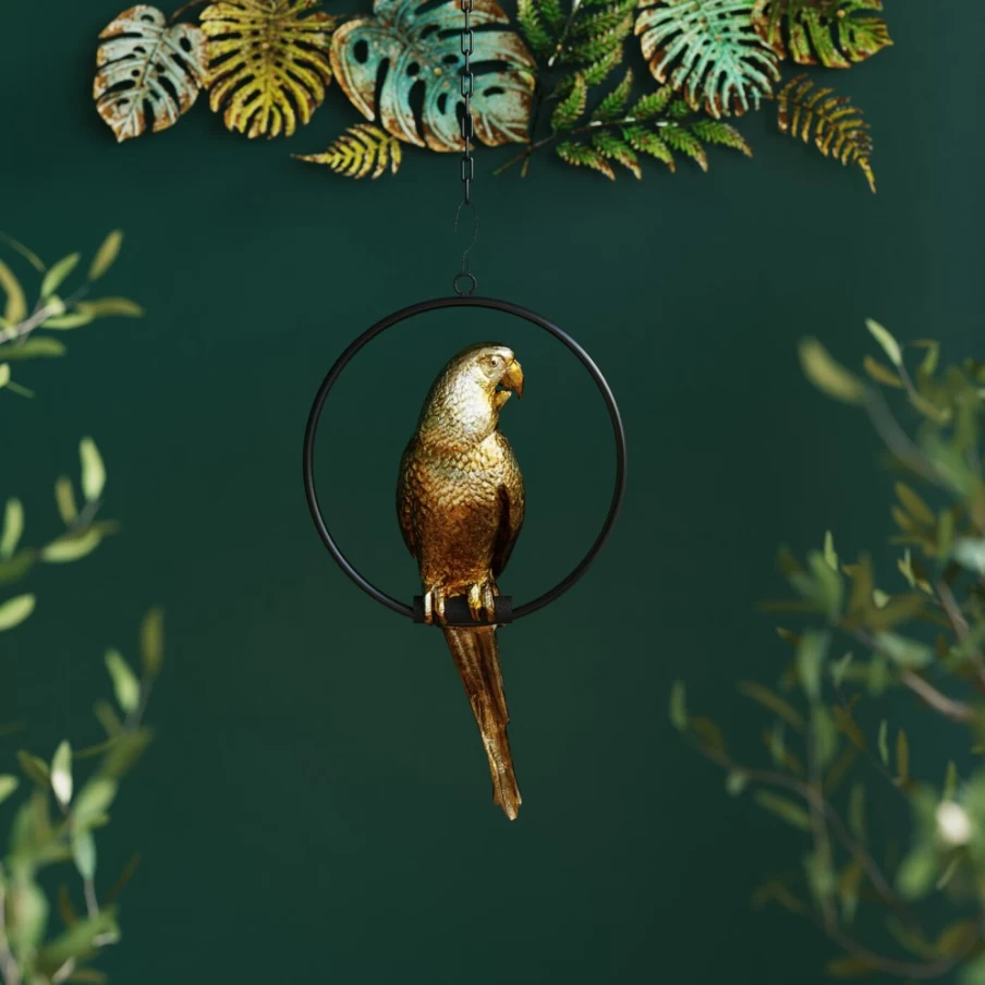 KARE Design Gold Swinging Parrot Decor Figurine - Handcrafted Home Accent Statue